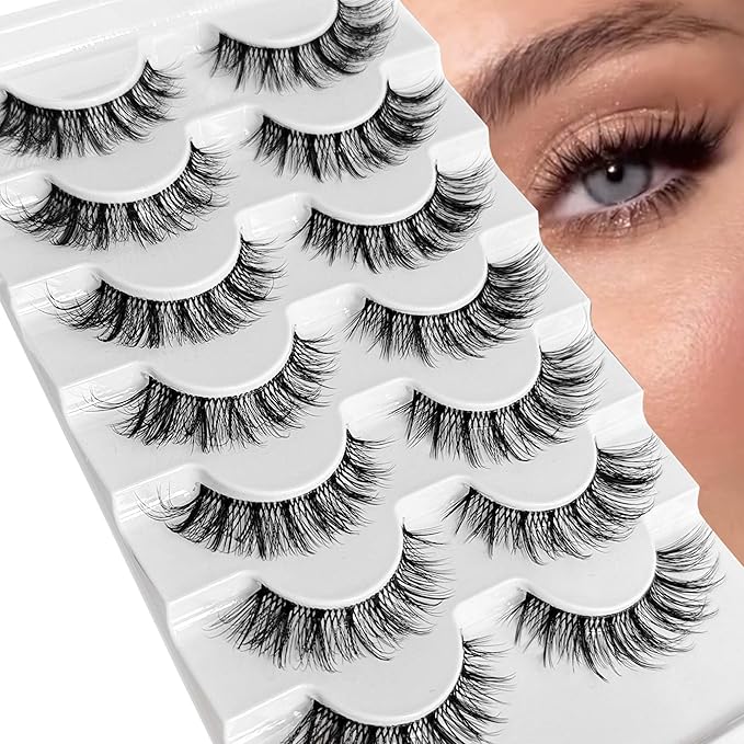 Ninglash Wispy Lashes Strips False Eyelashes Clear Band Natural Look 14mm Faux 3D Mink Lashes 7 Pairs Fluffy Cat Eye Lash Pack