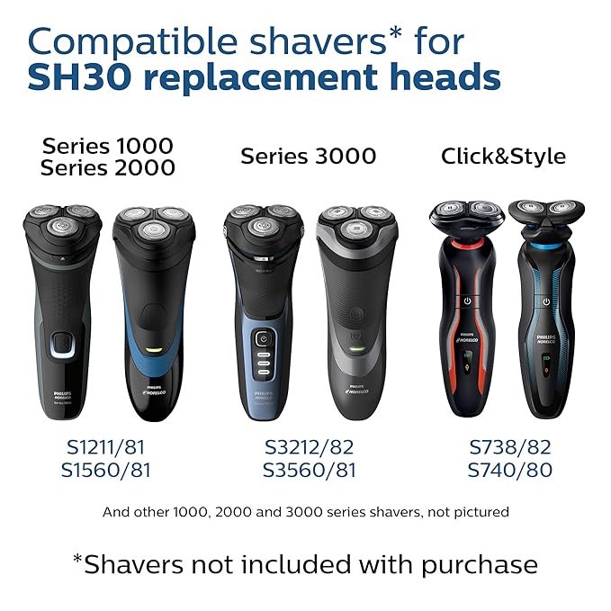 Philips Norelco SH30/52 Shaving Heads, Compatible with Philips Shavers Series 1000, 3000 and 5000, Powerful Performance, Self-Sharpening, 3 Pieces, Model SH30/52