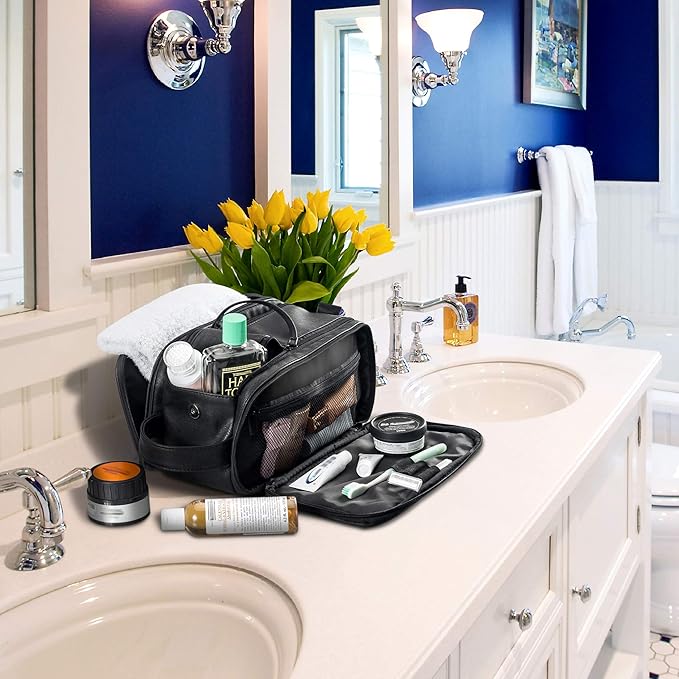 Elviros Travel Toiletry Bag for Men, Shaving Dopp Kit Water-resistant Bathroom Small Toiletries Organizer PU Leather Cosmetic Bags