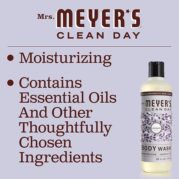 MRS. MEYER'S CLEAN DAY Moisturizing Body Wash for Women and Men, Biodegradable Shower Gel Formula Made with Essential Oils, Lavender, 16 oz