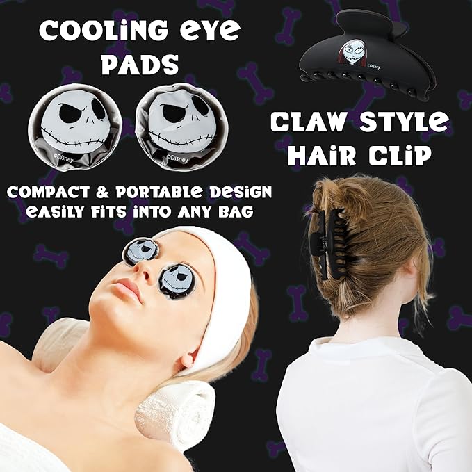 Disney Stitch Cooling Eye Mask & Beauty Accessories Set with Claw Clip Skincare Headband Cooling Eye Pads, Pampering Beauty Gifts for Women (Black)