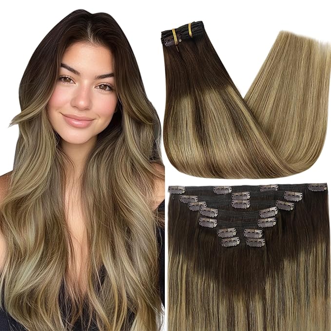 Full Shine Real Human Hair Extensions Clip ins Brown Balayage Clip on Hair Extensions Human Hair Dark Brown Ombre Caramel Blonde Natural Hair for Women 18 Inch 7 Pcs 120 G