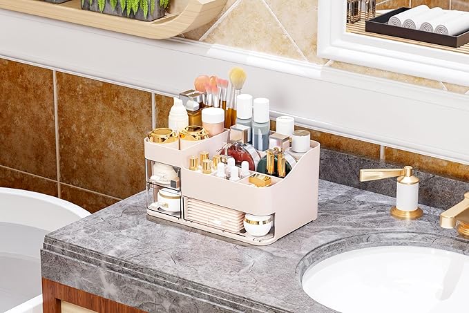 Make Up Organizer With 3 Drawers, Large Capacity Plastic Cosmetic Storage for Dresser and Vanity, Ideal for Beauty, Perfume, Brushes, Skincare, Bathroom Organizers and Storage Counter, Pink