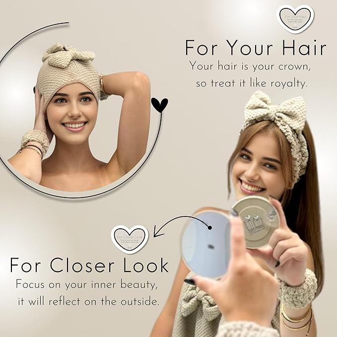 Happy Lolli Power Shower Gift Set: Luxury Bath Accessories Basket for Women & Teen Girls – Includes Body & Hair Towel, Wrist Bands, Headband, Face Sponge & More – Empower Your Routine (Fresh in Beige)