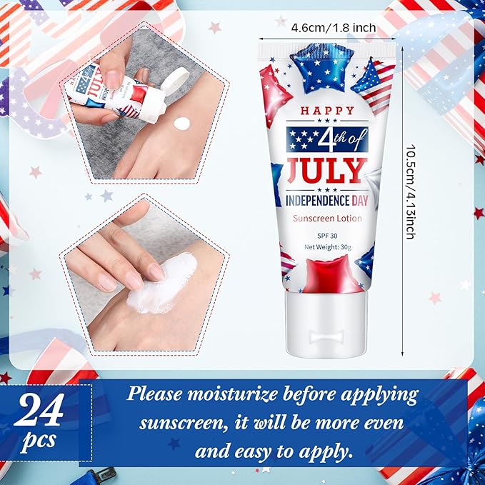 24 Pcs Mini Sunscreen Bulk for Summer Wedding Party Spf 30 Water Resistant Sunscreen Lotion Bulk 1oz Travel Size for Thank You Gifts Wedding Party Supplies(White Cream,Independence Day)