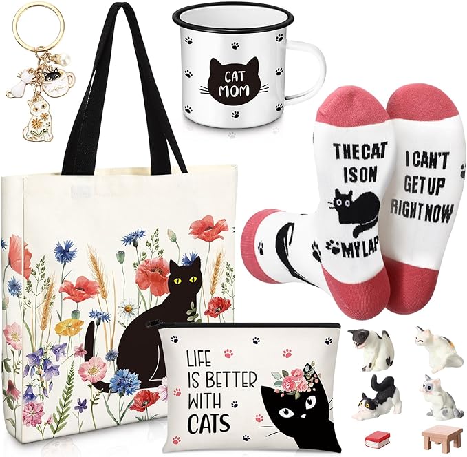 Animal Lover Gifts for Women Mother's Day Animal Themed Gifts for Mom Include Canvas Tote Bag, Makeup Bag, Socks, Keychain, Enamel Mug, Small Figurines(Lovely Cat)