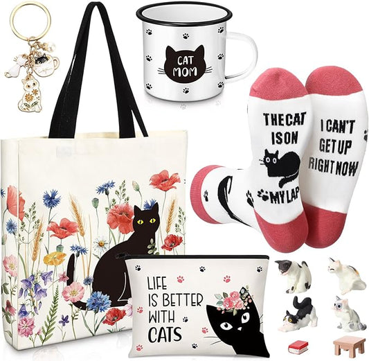 Animal Lover Gifts for Women Mother's Day Animal Themed Gifts for Mom Include Canvas Tote Bag, Makeup Bag, Socks, Keychain, Enamel Mug, Small Figurines(Lovely Cat)