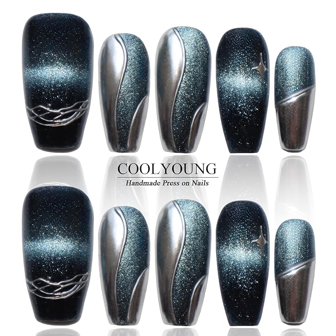 Handmade Press On Nails, Cat Eye Nails, Coffin Nails, Nailphoria Press Ons, Press On Nails Blue, 3D Nails Press On, Acrylic Press On Nails, Gifts For Woman, COOLYOUNG Nails, 10 PCS, Size M