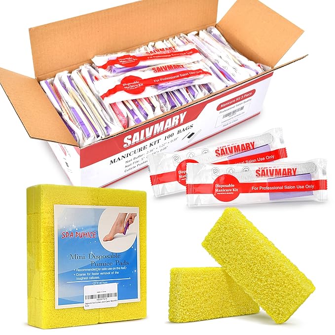 Disposable Pumice Pads Foot Scrubber Sponge Pedicure Stone & Professional Disposable Manicure Kit Bundle