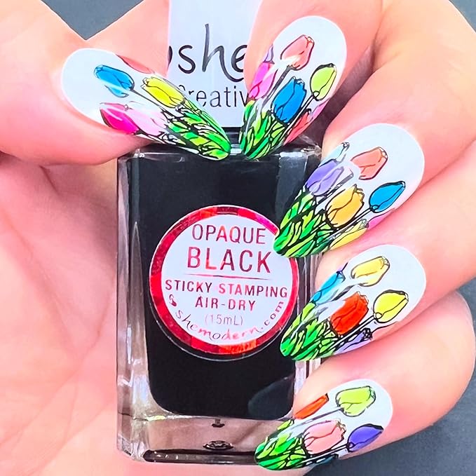 SheModern STICKY Opaque BLACK + WHITE + GRAY Stamping Polishes For Nail Art Design Air-Dry Collection. More Transfer Time with Tacky Surface for Easy Adhere of Pigment, Glitter