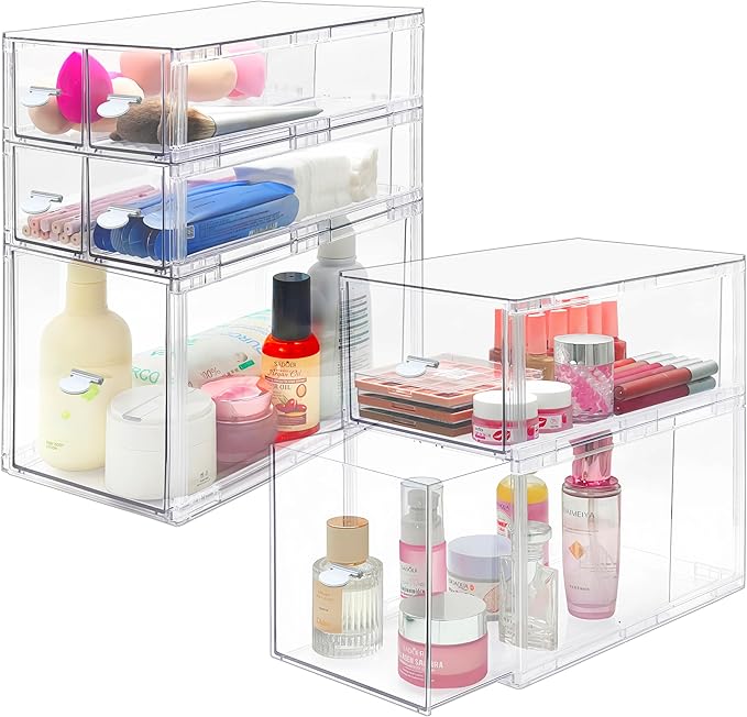 Homecor Stackable Storage Drawers Set of 7, Bathroom Makeup Organizer,Bathroom Organizers and Storage, Clear Cosmetic Storage Box For Vanity, Skincare, Undersink, Kitchen Organization (2L+M+4S)