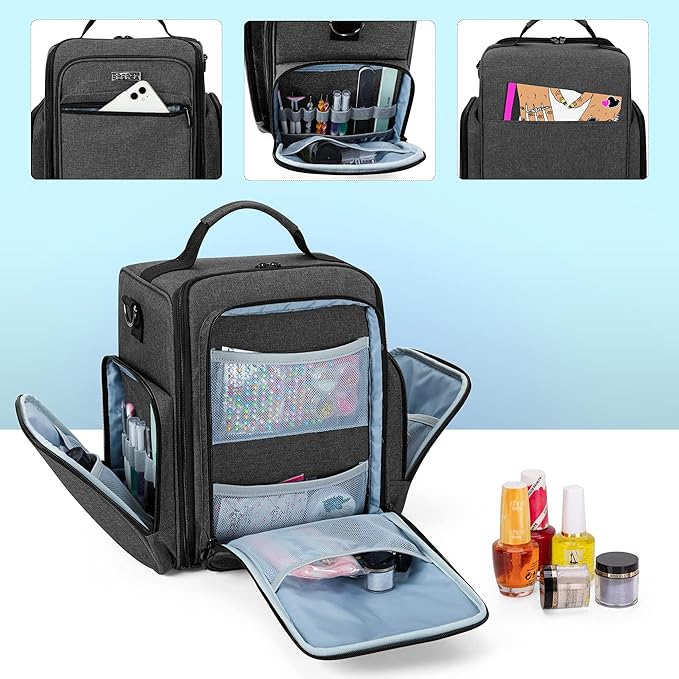 BAFASO Nail Polish Organizer Holds 48 Bottles (15ml - 0.5 fl.oz) and a Nail Lamp, Large Nail Polish Case with 2 Removable Pouches and Multiple Storage Sections (Patented Design), Black