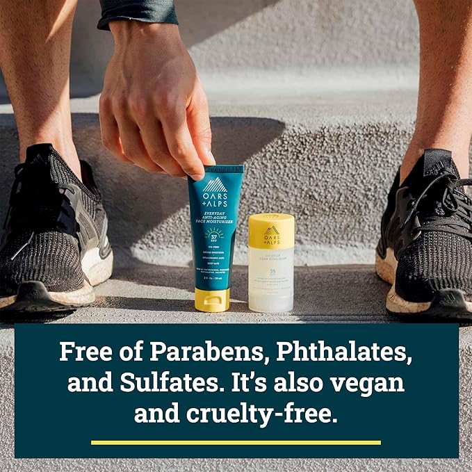 Oars + Alps Travel Sunscreen for Face & Everday Use, SPF 37 Anti Aging Face Sunscreen & Body Lotion, Infused with Hyaluronic Acid, Vitamin E and B5, No White Residue, Water & Sweat Resistant, 2oz