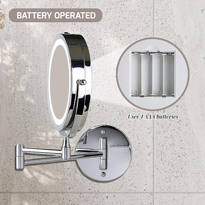 OVENTE 7" Lighted Wall Mount Makeup Mirror with 1X/10X Magnification, Cordless Double Sided Magnifying Round Vanity Mirror, 360° Swivel Design, Extendable and Folding Arm, Polished Chrome MFW70CH1X10X