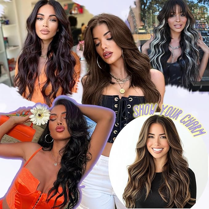 Synthetic Clip in Hair Extensions 20 Inch 5Pcs Dark Brown Long Wavy Thick Hairpieces Double Weft Natural Hair Extensions for Women