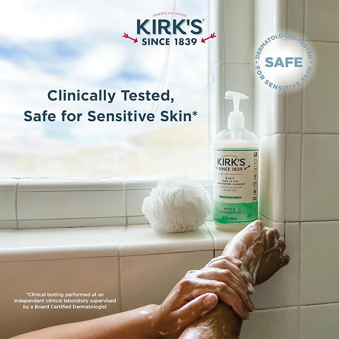 Kirk's 3-in-1 Head to Toe Nourishing Liquid Cleanser - for Men, Women, & Children - Premium Coconut Oil & Aloe Vera - Non GMO & Vegan - Mint and Eucalyptus - 32 Fl Oz.
