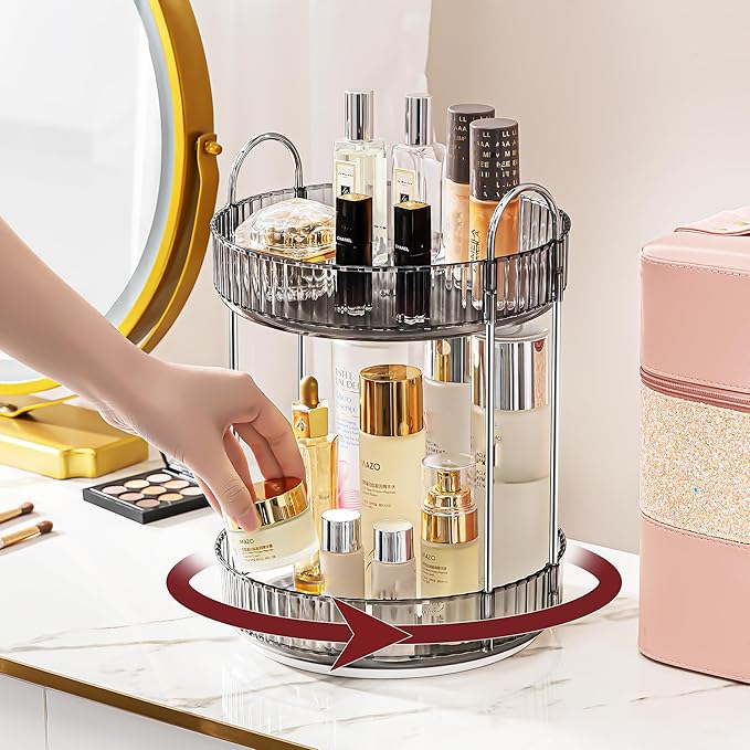 360° Rotating Makeup Organizer, Bathroom Make Up Spinning Holder Rack, Large Capacity Cosmetics Storage Vanity Shelf Countertop, Fits Cosmetics, Perfume, Skincare, Lipsticks(2 Tiers, Gray)