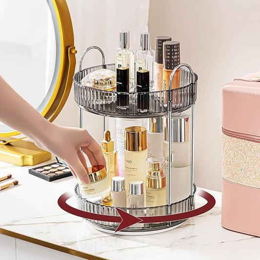 360° Rotating Makeup Organizer, Bathroom Make Up Spinning Holder Rack, Large Capacity Cosmetics Storage Vanity Shelf Countertop, Fits Cosmetics, Perfume, Skincare, Lipsticks(2 Tiers, Gray)