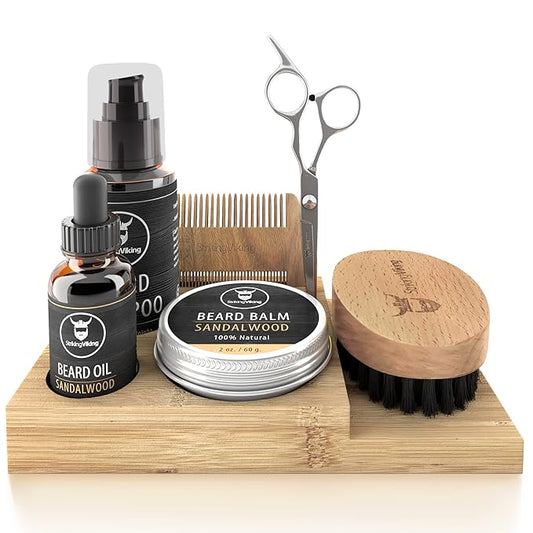 Striking Viking Beard Grooming Kit for Men with Shampoo, Oil, Balm, Brush, Wooden Comb, Mustache Scissors - 7-Piece Sandalwood Caddy for Beard Growth