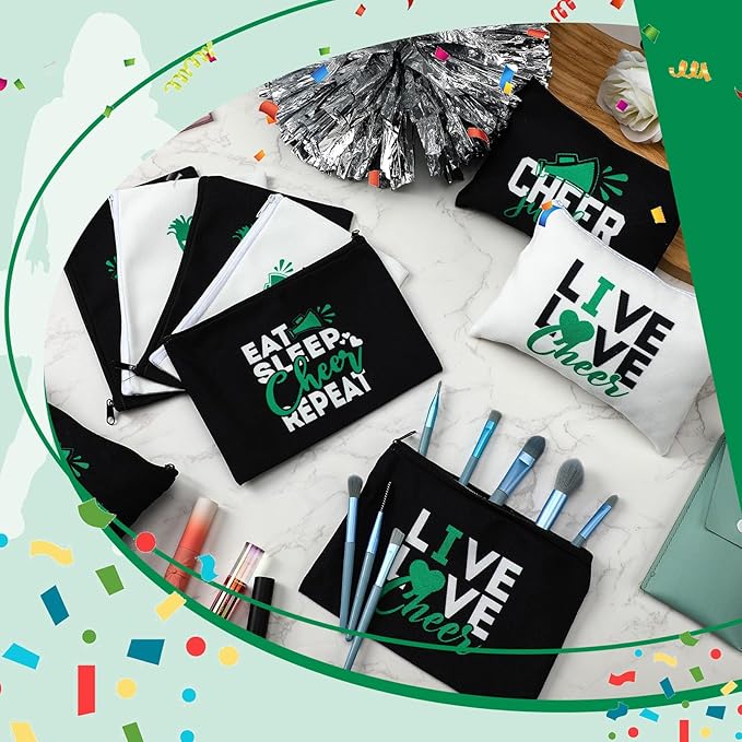 Pinkunn 20 Pcs Cheer Makeup Bags Bulk Cheerleader Gifts for Women Canvas Cheer Cosmetic Pouch Toiletry Zipper Makeup Case Cheerleading Portable Travel Pouch Team Accessories(Green)