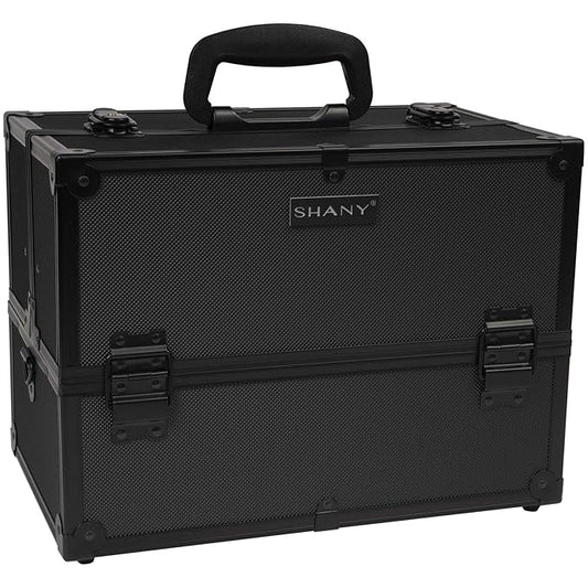 SHANY Essential Pro Makeup Train Case Cosmetic Box Portable Makeup Case Cosmetics Beauty Organizer Jewelry storage with Locks, Multi Compartments Makeup Box and Shoulder Strap - All Black