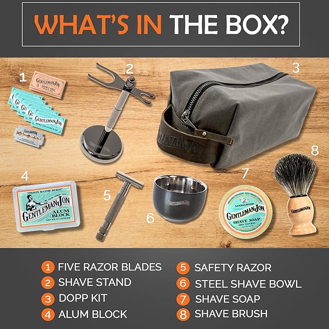 Deluxe Vintage Wet Shave Grooming Set for Men - Safety Razor, Brush, Alum Block, Soap, Bowl, Blades, Stand & Dopp Kit