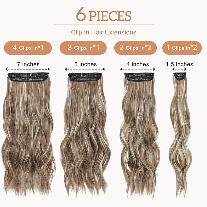 Clip in Hair Extensions for Women - 20 Inch Long Wavy Brown Extensions, 6PCS Chocolate Brown & Ash Blonde Hairpieces that Blend Naturally with Your Real Hair (20 Inch, Chocolate Brown & Ash Blonde)