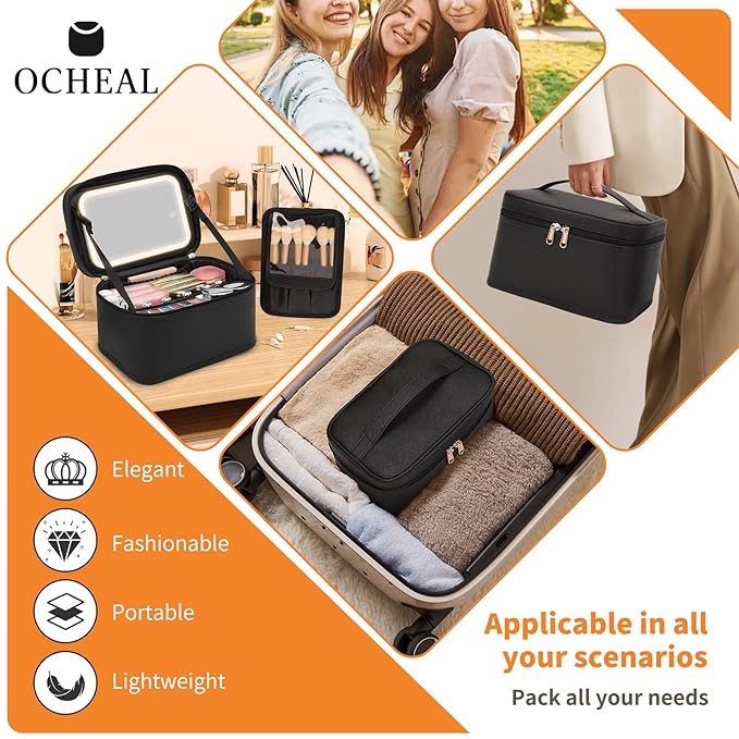 OCHEAL Makeup Bag With LED Mirror, Travel Makeup Bag With 3 Color Setting Light Up Mirror Cosmetic Makeup Organizer Vanity Case for Women Beauty Tools Accessories Rechargeable Makeup Travel Bag-Black