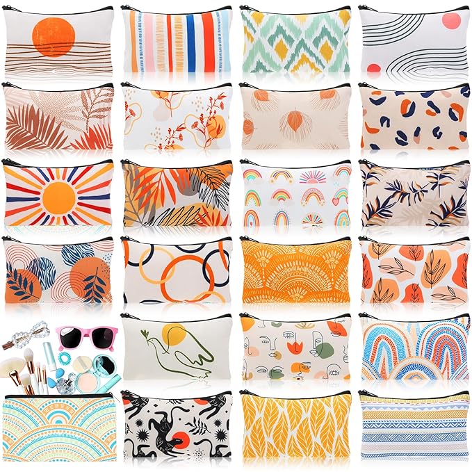 24 Pieces Makeup Bags Bulk Canvas Cosmetic Bags Purse Organizer Zipper Cosmetic Pouch Portable Travel Toiletry Pouch for Women Men Gifts, 7 x 4 Inch (Boho)
