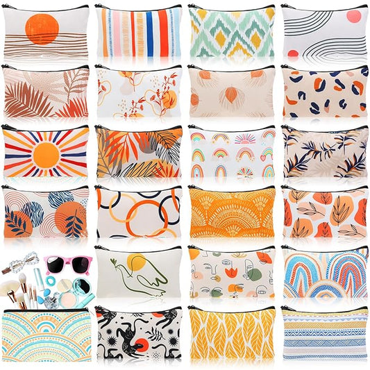 24 Pieces Makeup Bags Bulk Canvas Cosmetic Bags Purse Organizer Zipper Cosmetic Pouch Portable Travel Toiletry Pouch for Women Men Gifts, 7 x 4 Inch (Boho)