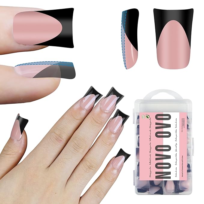 Black French Tip Short Duck Nail Tips Press on, BABY PINK Pre-designed Soft Gel Nail Extension, Extra thick Full Cover Matte Vrial False Nails for DIY x 12 Sizes 240 pcs