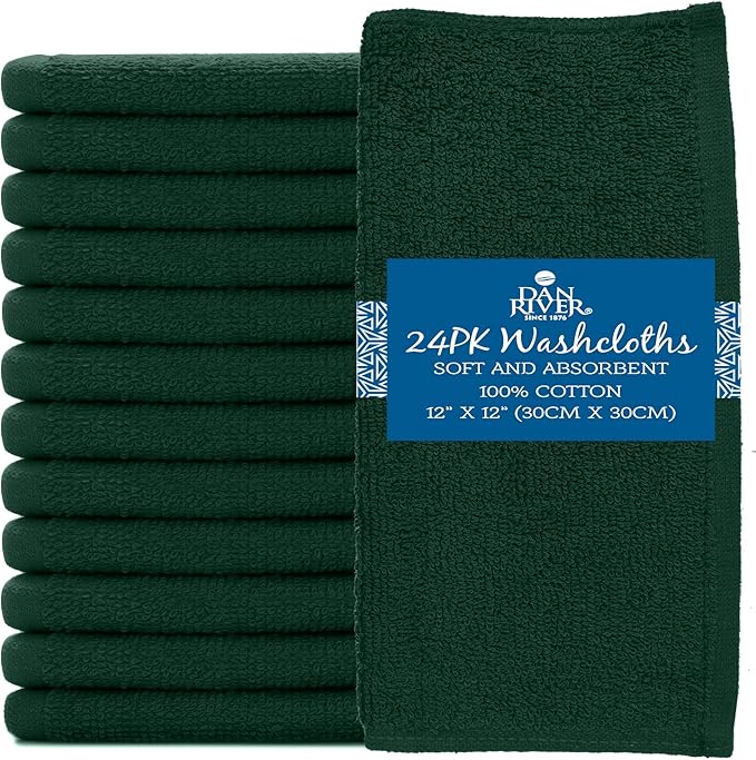 DAN RIVER 100% Cotton Washcloths 24 Pack Premium Quality Face and Body Cloth, Quick Dry Essential Towels for Bathroom, Hand, Kitchen & Cleaning, Baby Washcloths | 12X12 in | 400 GSM | Hunter Green