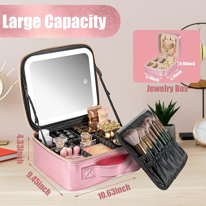 Makeup Travel Train Case with Mirror LED Light 3 Adjustable Brightness Cosmetic Bag Portable Storage Adjustable Partition Waterproof Makeup Brushes Makeup Jewelry Gift for Women