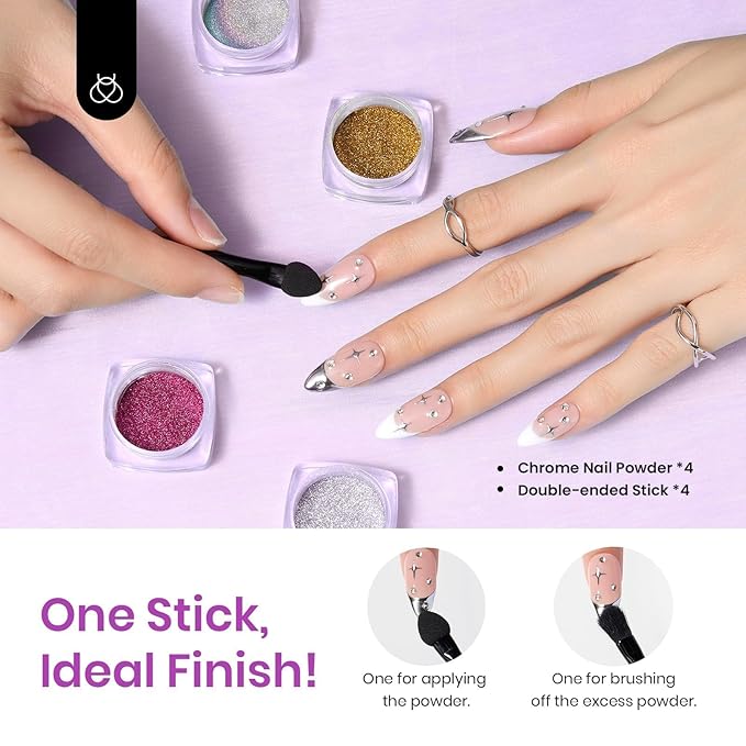 Beetles Chrome Nail Art Glitter 4 Colors 0.5g/Jar, 4 Jars 3 Colors Gold Silver Pink Metallic Mirror Effect Pigment & 1 Holographic Chrome Powder Diy Nail Art Manicure Gifts for Women Girls