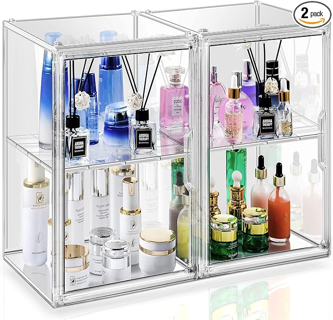2Pack Makeup Organizer Storage, Large Capactiy Acrylic Bathroom Organizer, Clear Cosmetics Organizer Bins with Division Board for Vanity, Skincare, Countertop Storage and Display Case
