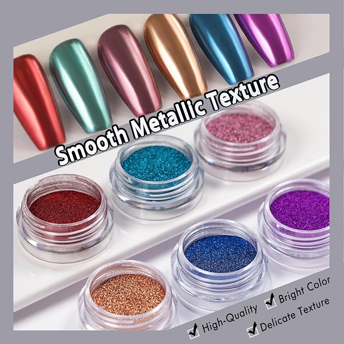 6 Color Set 0.5g/Jar Chrome Nail Powder Rubbing Mirror Pigment Dust for Manicure Nail Art Decoration Red Blue Bronze Rose Gold Cyan Purple Metallic Glitter (TA 6 Pcs Set-04)