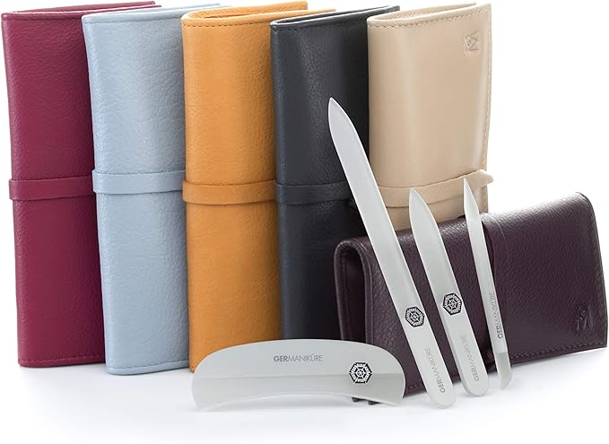 GERMANIKURE Crystal Glass Nail File Set in Eggplant Purple Leather Case – Handmade in Czech Republic – Professional Manicure & Pedicure Supplies – Glass Cuticle Stick, Pusher, Moon File