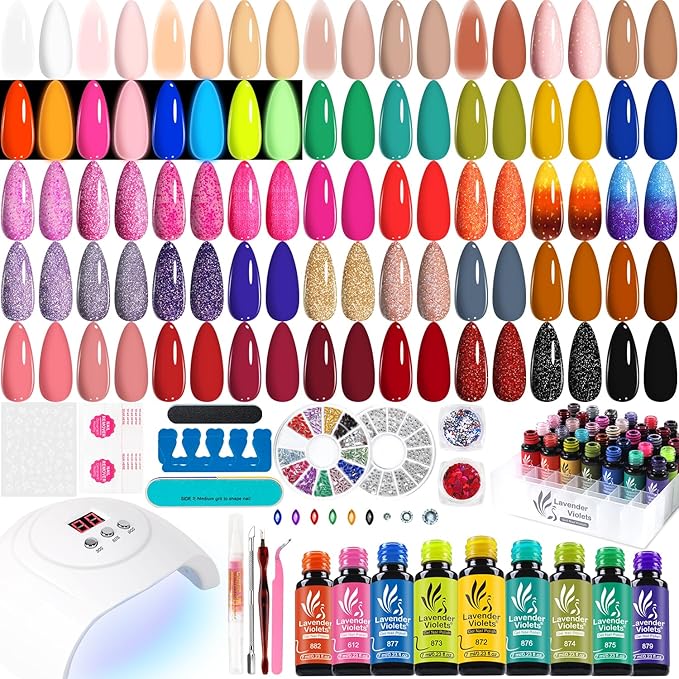Lavender Violets Gel Nail Polish Kit with U V Light, 45 Colors Gel Polish Nail Set with Base and Matte & Glossy Top Coat Soak Off All Season Essential Manicure Tools Gifts for Women Easter LA00