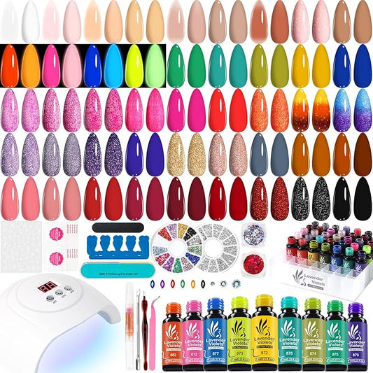 Lavender Violets Gel Nail Polish Kit with U V Light, 45 Colors Gel Polish Nail Set with Base and Matte & Glossy Top Coat Soak Off All Season Essential Manicure Tools Gifts for Women Easter LA00