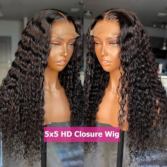 30 Inch 5x5 Lace Front Wigs Human Hair Pre Plucked 150% Density Water Wave Glueless Lace Frontal Wigs Human Hair for Women 5x5 Brazilian Virgin HD Lace Closure Human Hair Wigs with Baby Hair