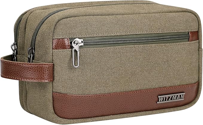 WITZMAN Canvas Toiletry Bag for Men Hanging Dopp Kit Organizer Water-resistant Travel Toiletries bag Men Bathroom Bag with Wet Pocket(A8001 Army Green)