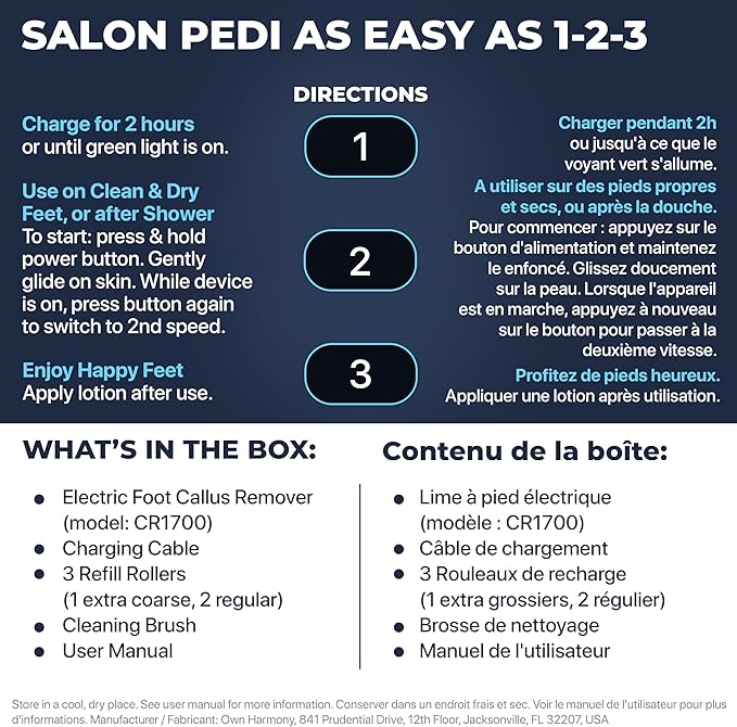 Electric Foot Callus Remover: Own Harmony Professional Feet Care Pedicure Tools, Rechargeable Feet Scrubber Dead Skin, Electronic Foot File Pedi Grinder, Best for Hard, Dry, Cracked Heels (3 Rollers)