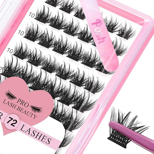 Lash Clusters, 72 Pcs Individual Cluster Lashes DIY Lash Extension 10-16mm Eyelash Clusters Volume Wispy Lashes Super Thin Band Reusable Soft & Comfortable(Posh,D-10mm)