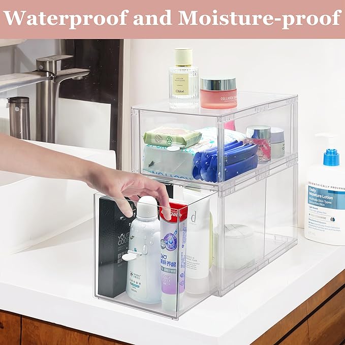 Homecor Clear Makeup Organizer Set of 2, Large Bathroom Storage Drawers, Cosmetic Storage for Vanity Dresser Countertop, Beauty Holder for Lipstick Brush Skincare Valentine's Day Gifts for Her(L+M)