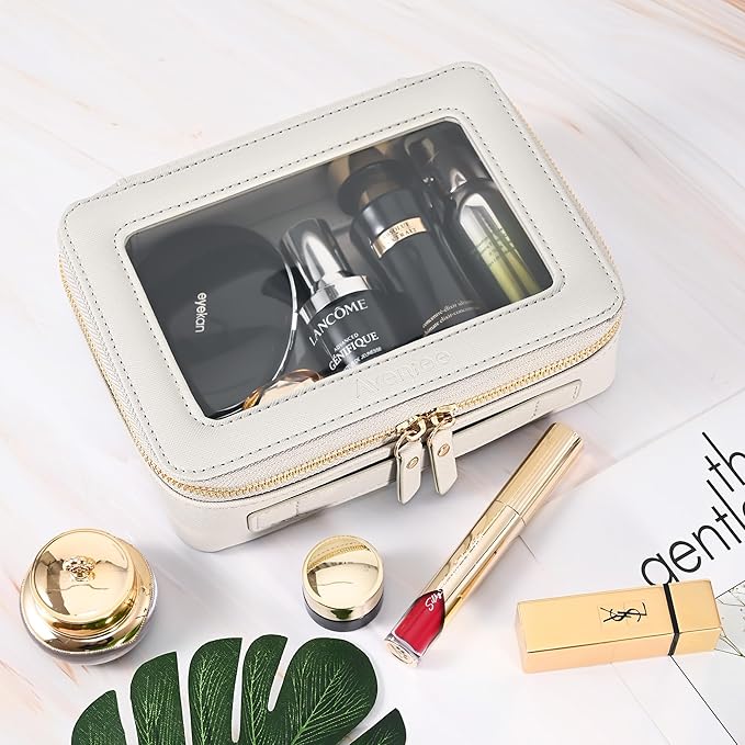 Aveniee Clear Makeup Bag for Women, Clear Cosmetic Case Travel Toiletry Bag, Heavy Duty Makeup Organizer Car Bag for Accessories with Clear Windows & Gold Zippers(Grey,Middle)