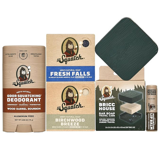 Dr. Squatch NEW Bricc House Travel Pack - Soap Travel Case + Birchwood Breeze, Fresh Falls Soap + Wood Barrel Bourbon Deodorant + Vanilla Bourbon Lip Balm - Full Routine Natural Men's Care Kit