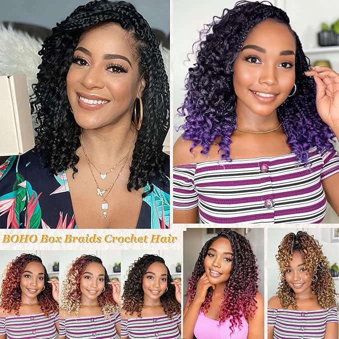 9 Packs Goddess Box Braids Crochet Hair Boho Crochet Box Braids With Curly Ends Crochet Hair For Black Women, 10 Inch Pre Looped Bohemian Crochet Box Braids Hair (10Inch 9 Packs,Tpurple)