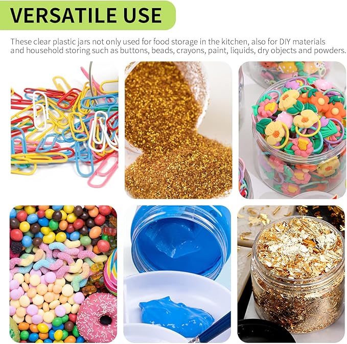 48 Pack 120ml 4 oz Empty Clear Plastic Jars with Black Lids, Refillable Round Containers for Slime,Beauty Products, powder, Cream, Scrubs, Cookie,Dried Fruit. Include 1 Pen and 120 Labels.