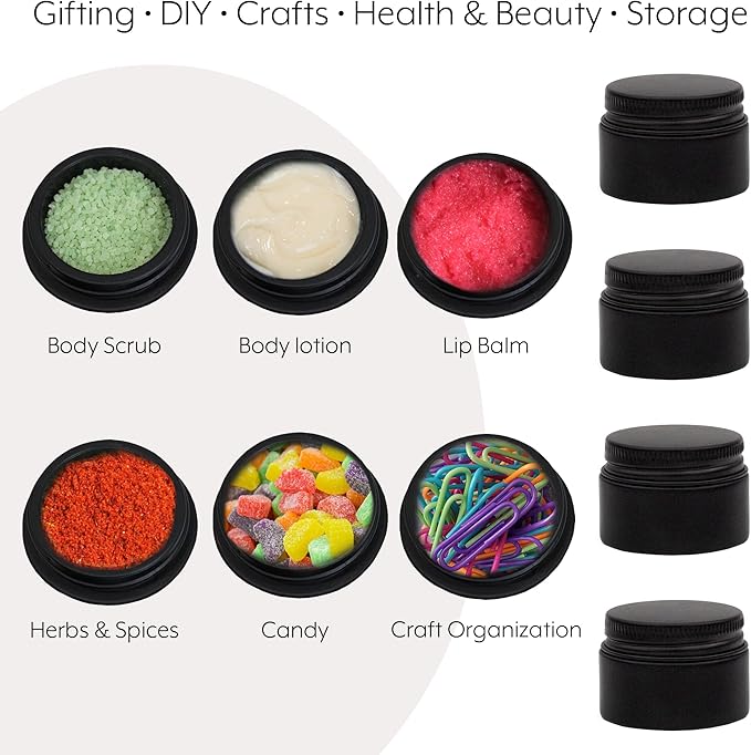 Darware 15-Milliliter Glass Balm Jars (24-Pack, Black); 1/2 oz Tiny Cosmetic Jars with Lined Black Metal Lids