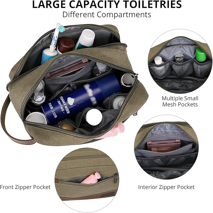 WITZMAN Canvas Toiletry Bag for Men Hanging Dopp Kit Organizer Water-resistant Travel Toiletries bag Men Bathroom Bag with Wet Pocket(A8001 Army Green)